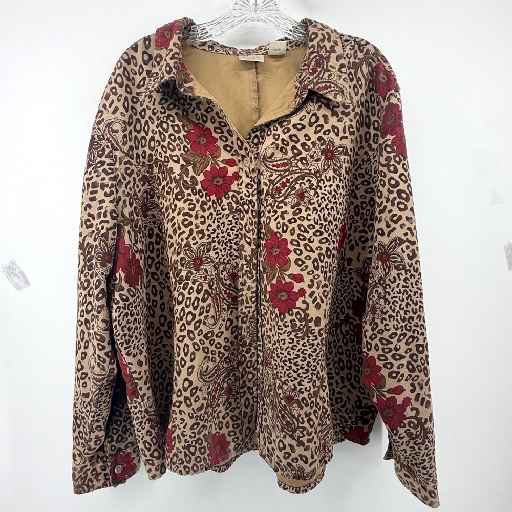 Erika Woman 2X Leopard Floral Paisley Button Down Shirt Long Sleeve Sueded Feel